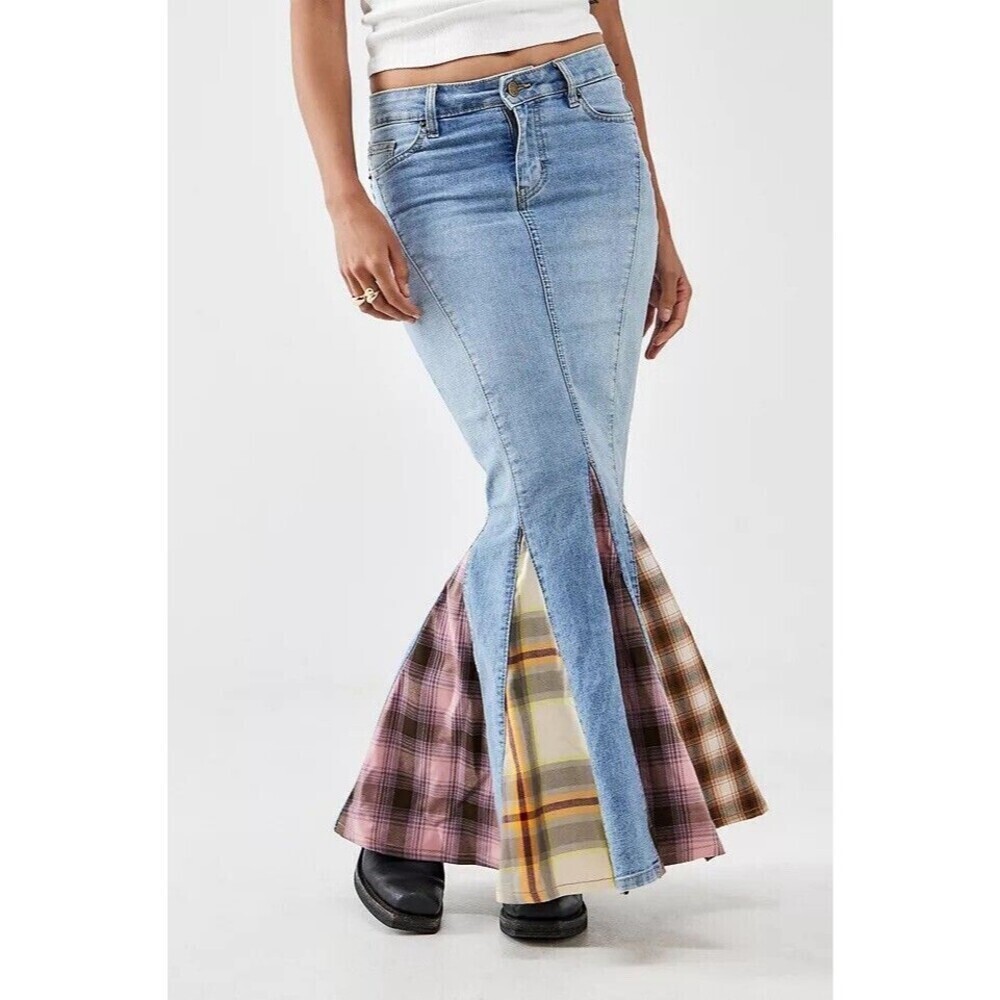 BDG Sasha Raw-Edge Fishtail Maxi Skirt Patchwork Grunge Plaid Flare Panel Small